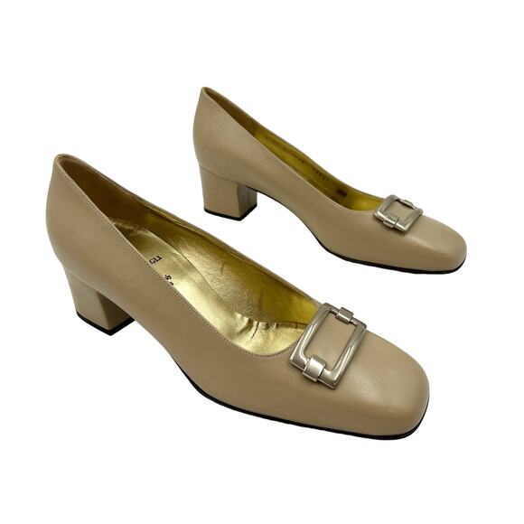Bruno Magli Laural Heels Kid Leather Nude Pumps Buckle Detail